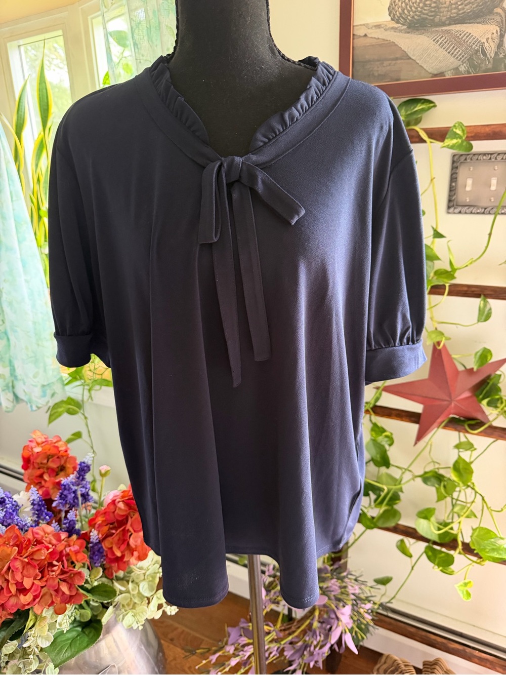 Adrianna Papell Navy Tie-Neck Short Sleeve Blouse